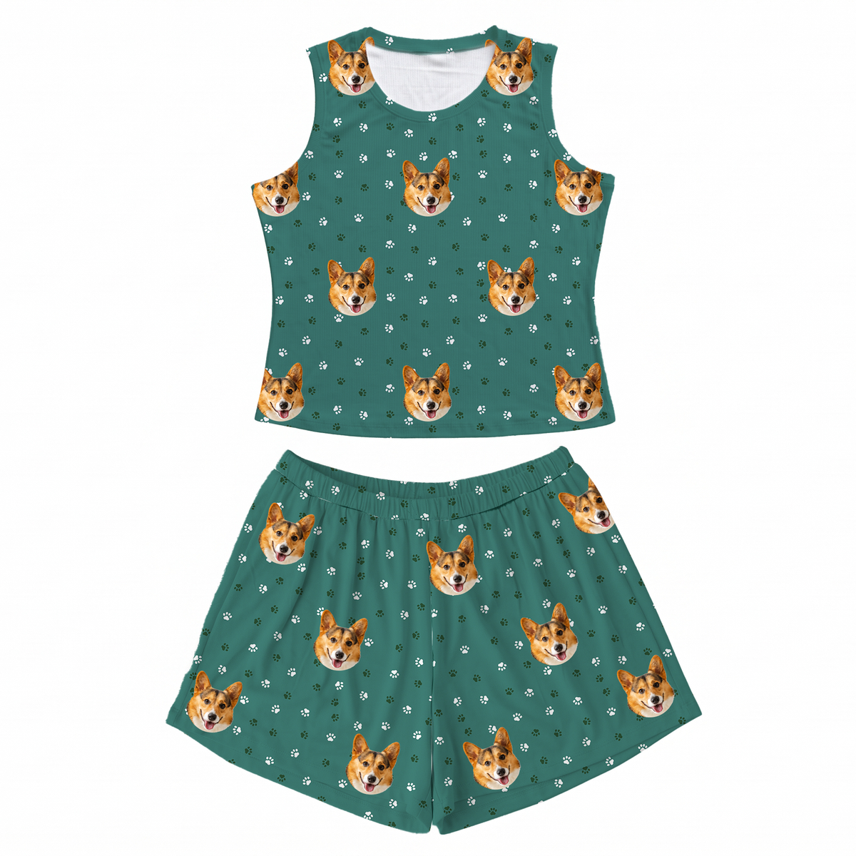 This is a Green Paws print pajama set with a tank top and high-waisted pajama shorts covered in repeating pet faces[GreenPawsTankTopPajamaSet]
