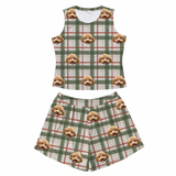 This is a Light Christmas Flannel print pajama set with a tank top and high-waisted pajama shorts covered in repeating pet faces[LightChristmasFlannelTankTopPajamaSet]