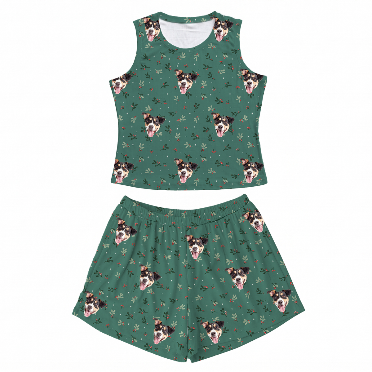 This is a Mistletoe print pajama set with a tank top and high-waisted pajama shorts covered in repeating pet faces[MistletoeTankTopPajamaSet]