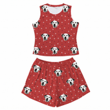 This is a Red Paws print pajama set with a tank top and high-waisted pajama shorts covered in repeating pet faces[RedPawsTankTopPajamaSet]