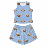 This is a Snowflakes print pajama set with a tank top and high-waisted pajama shorts covered in repeating pet faces[SnowflakesTankTopPajamaSet]