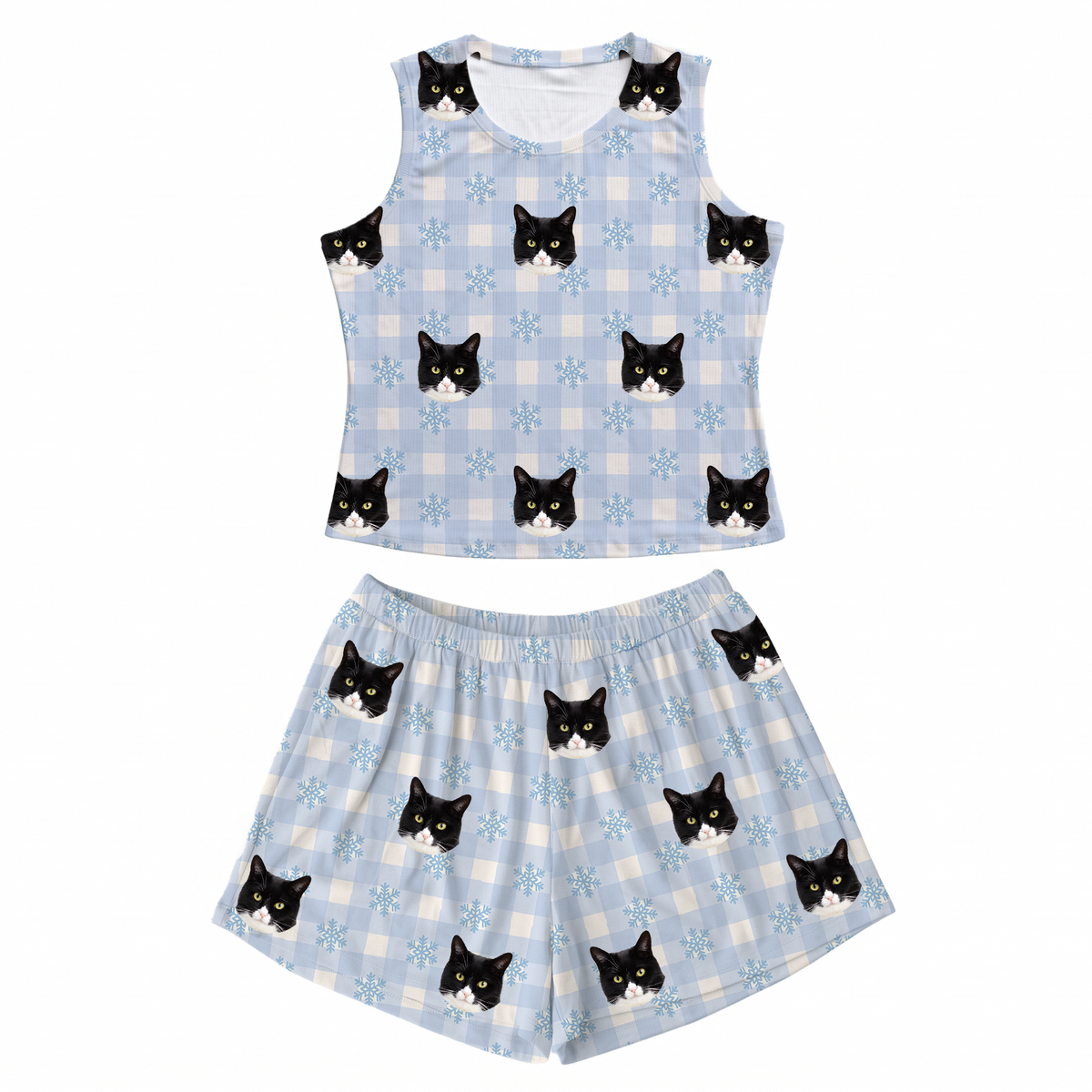 This is a Snowy Gingham print pajama set with a tank top and high-waisted pajama shorts covered in repeating pet faces[SnowyGinghamTankTopPajamaSet]