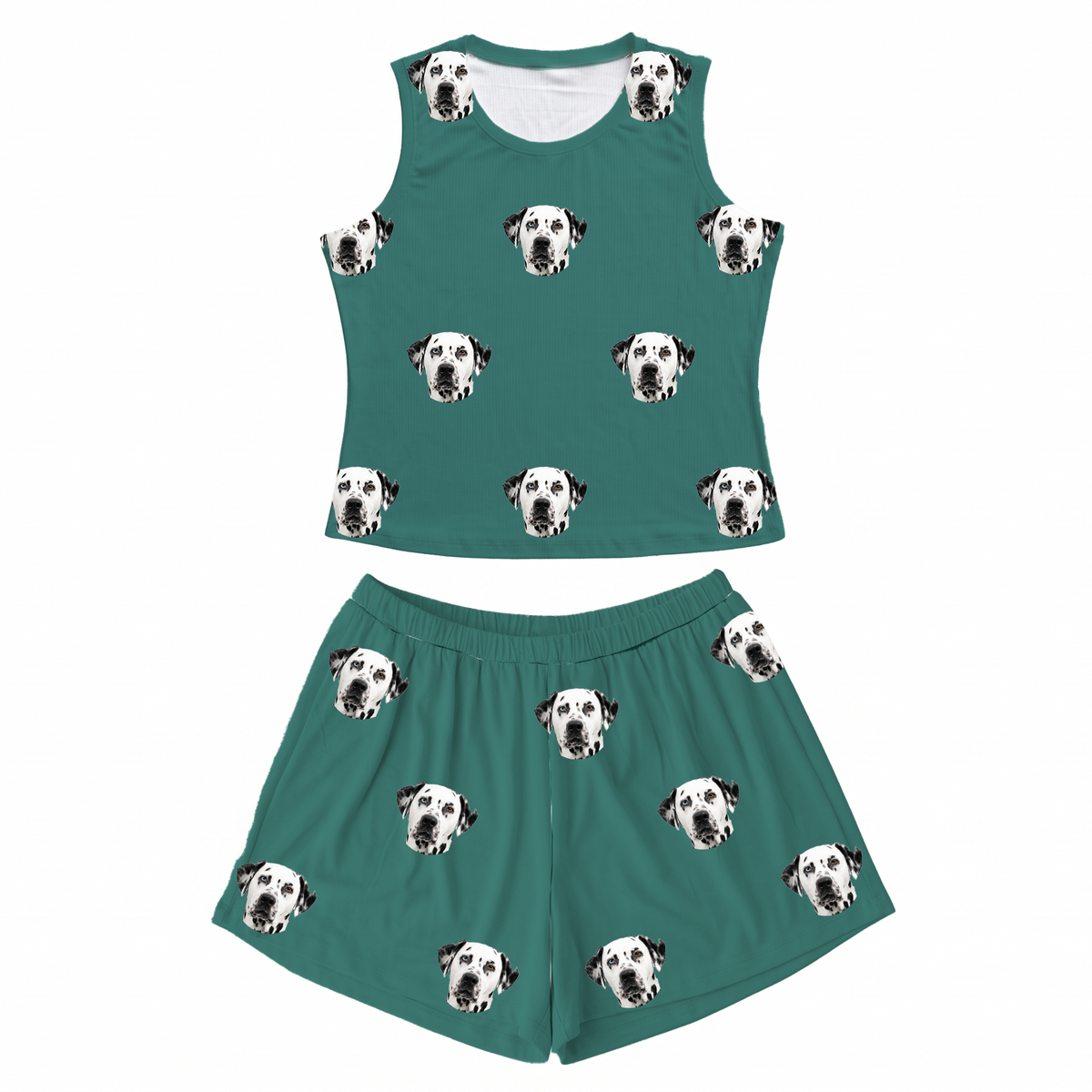 This is a Solid Green print pajama set with a tank top and high-waisted pajama shorts covered in repeating pet faces[SolidGreenTankTopPajamaSet]