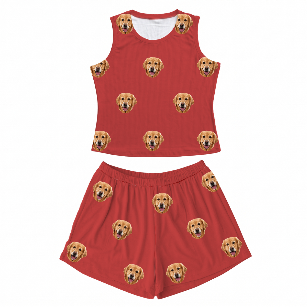 This is a Solid Red print pajama set with a tank top and high-waisted pajama shorts covered in repeating pet faces[SolidRedTankTopPajamaSet]