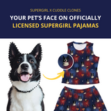 Dog with pet's face on Supergirl-themed pajamas