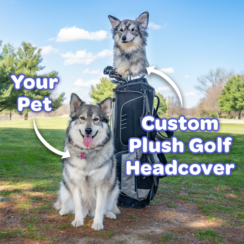 Custom plush dog headcover. Overlay: 'Your Pet Custom Plush Golf Headcover'.