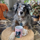 Merle Aussie on a woven ottoman next to a pink mug with its custom portrait.