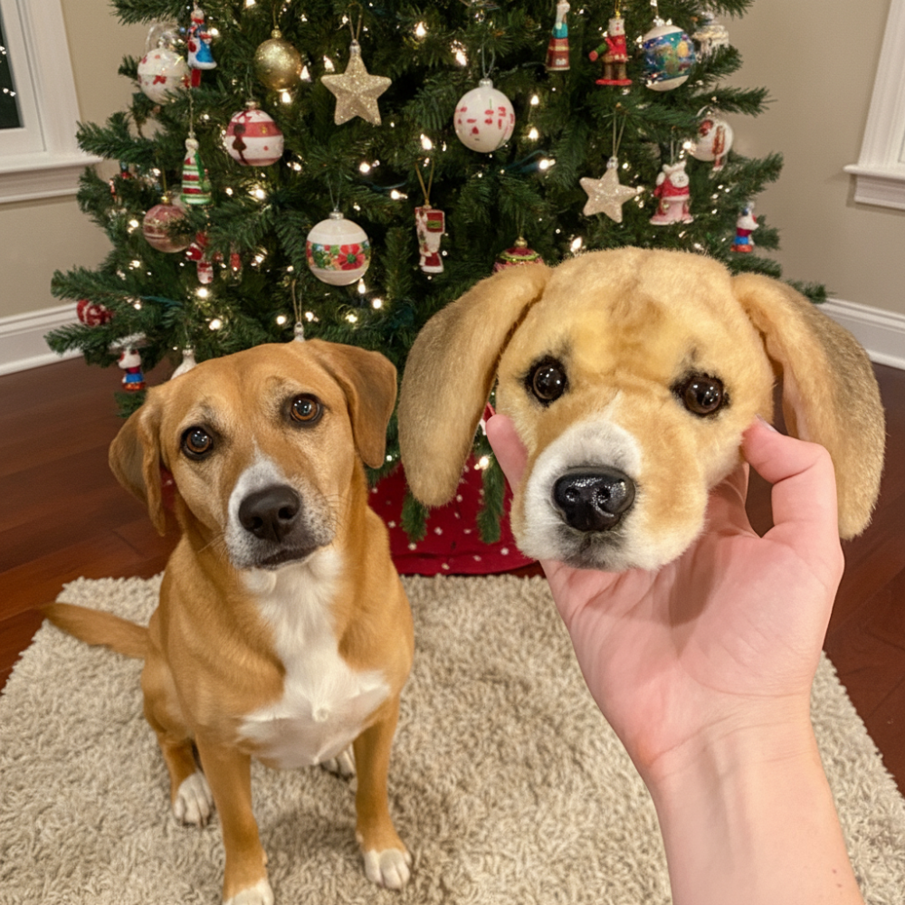 Two dogs, one real and one plush, in front of a decorated Christmas tree.