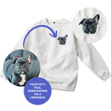 White sweatshirt with embroidered pet face design on a white background.