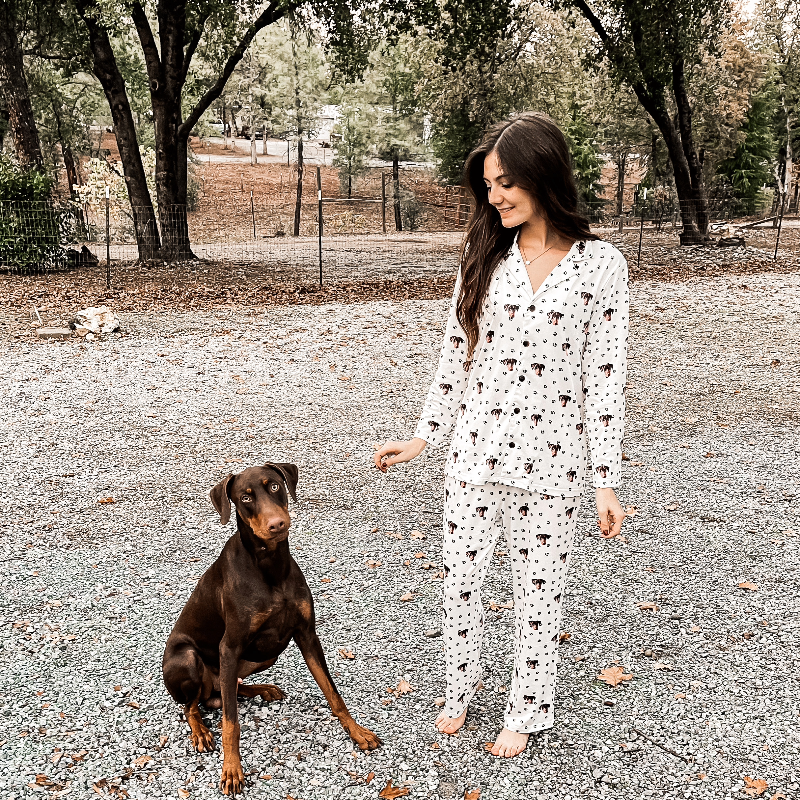 Girl wearing white Paws and Bones pajamas