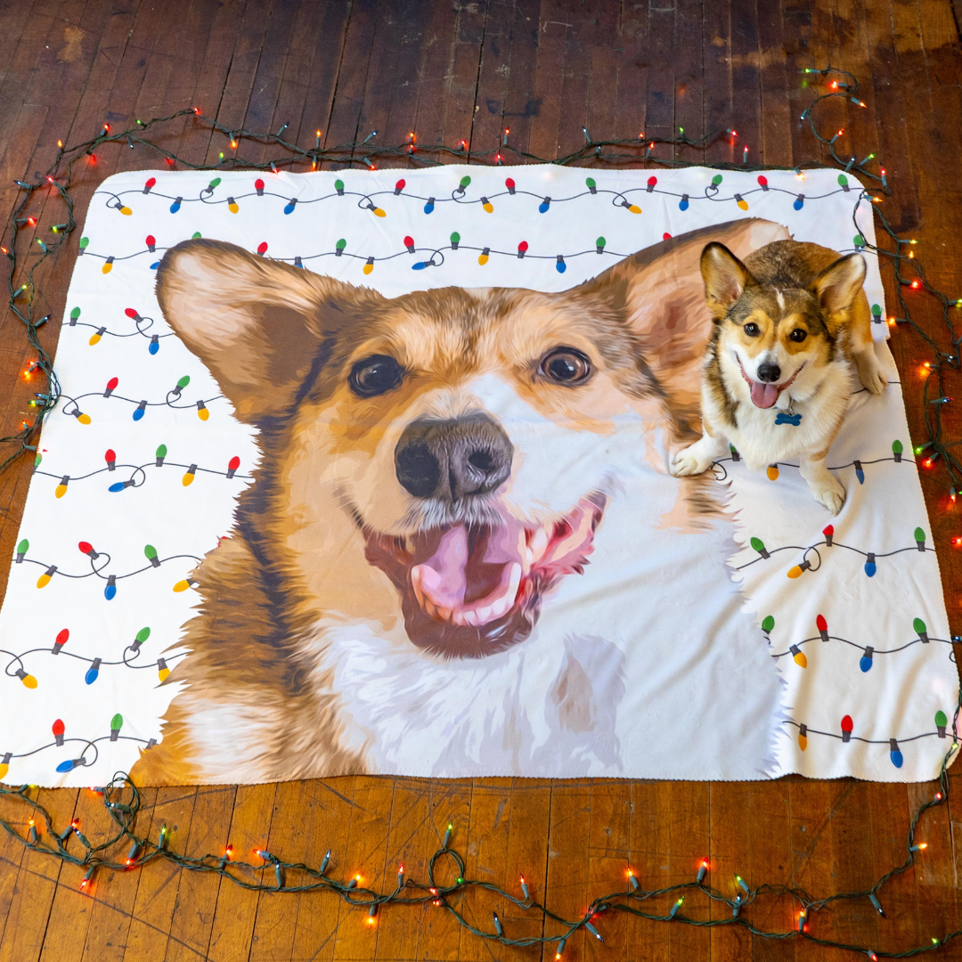 Corgi on wood floor by its custom portrait blanket with real & printed festive lights.