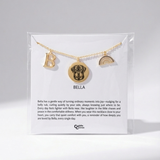 Gold necklace with 'B' pendant and dog charm on a white card with text
