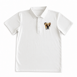 A white short-sleeve polo shirt with a small graphic of a bulldog's face on the left chest, displayed on a clean white background[White]