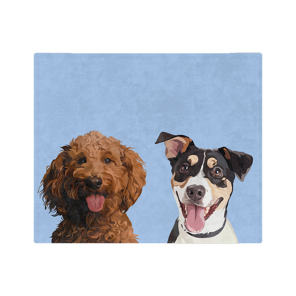 Blue blanket, featuring the illustrations of two dogs.