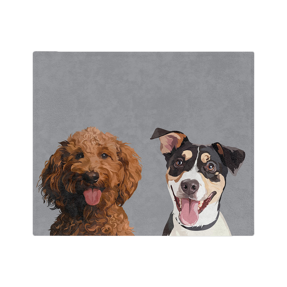 Gray blanket featuring the illustrations of two dogs.