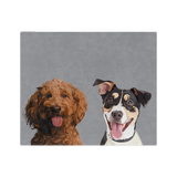 Gray blanket featuring the illustrations of two dogs.