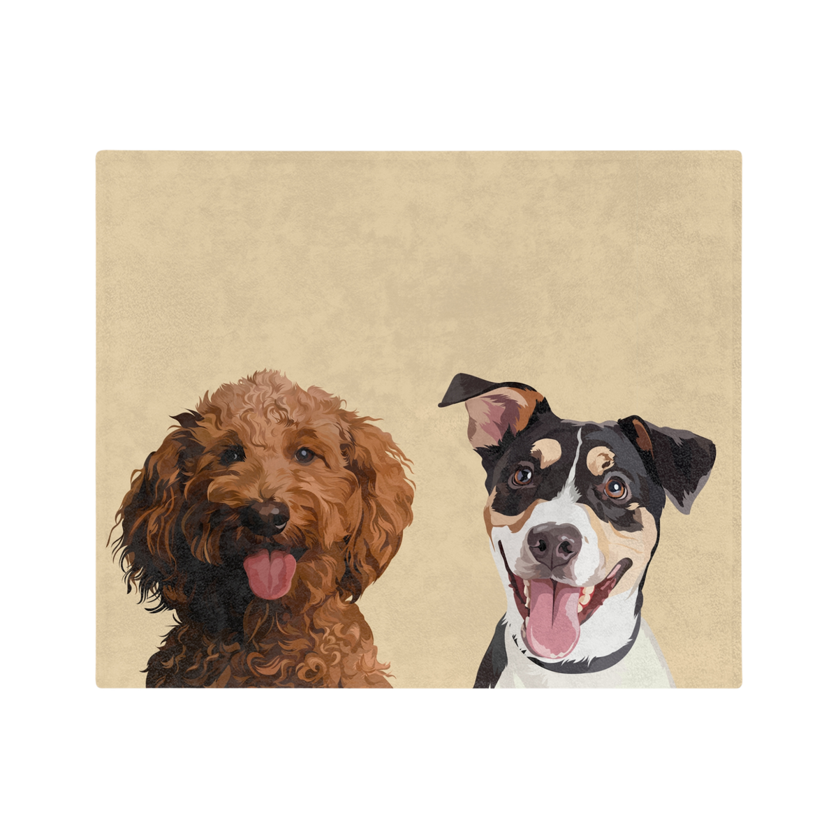 Yellow blanket featuring the illustration of two pets.