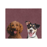 Maroon blanket, featuring the illustrations of two pets.
