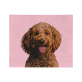 Pink blanket featuring a centered, smiling dog portrait.