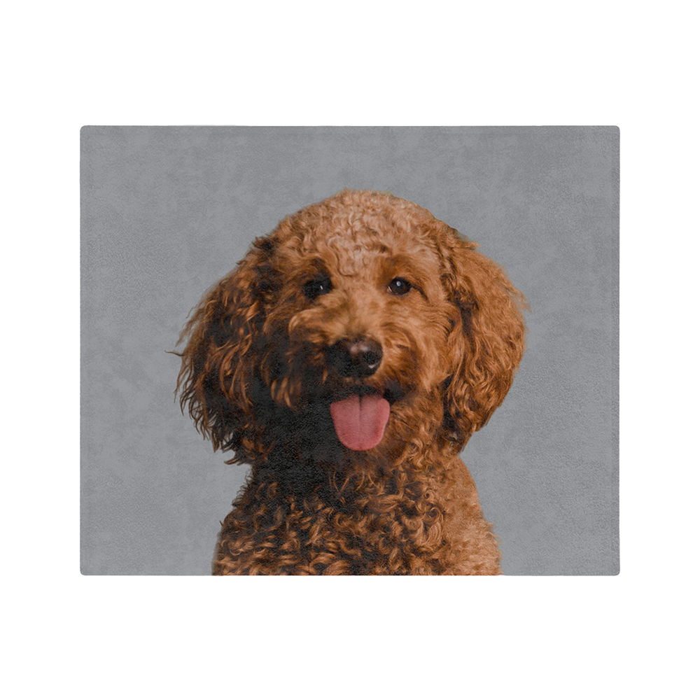 Gray blanket featuring a centered, smiling dog portrait.