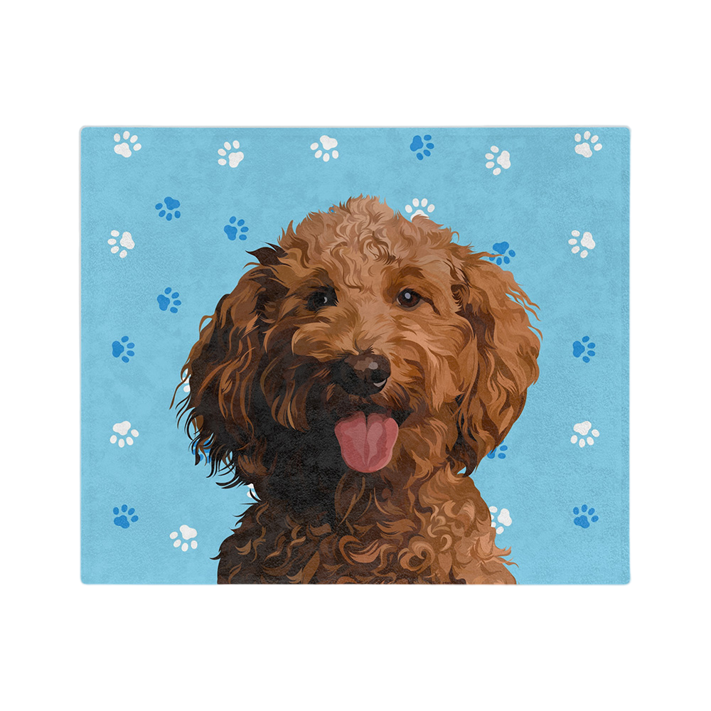 Blue blanket with paws, featuring a centered, smiling dog illustration.