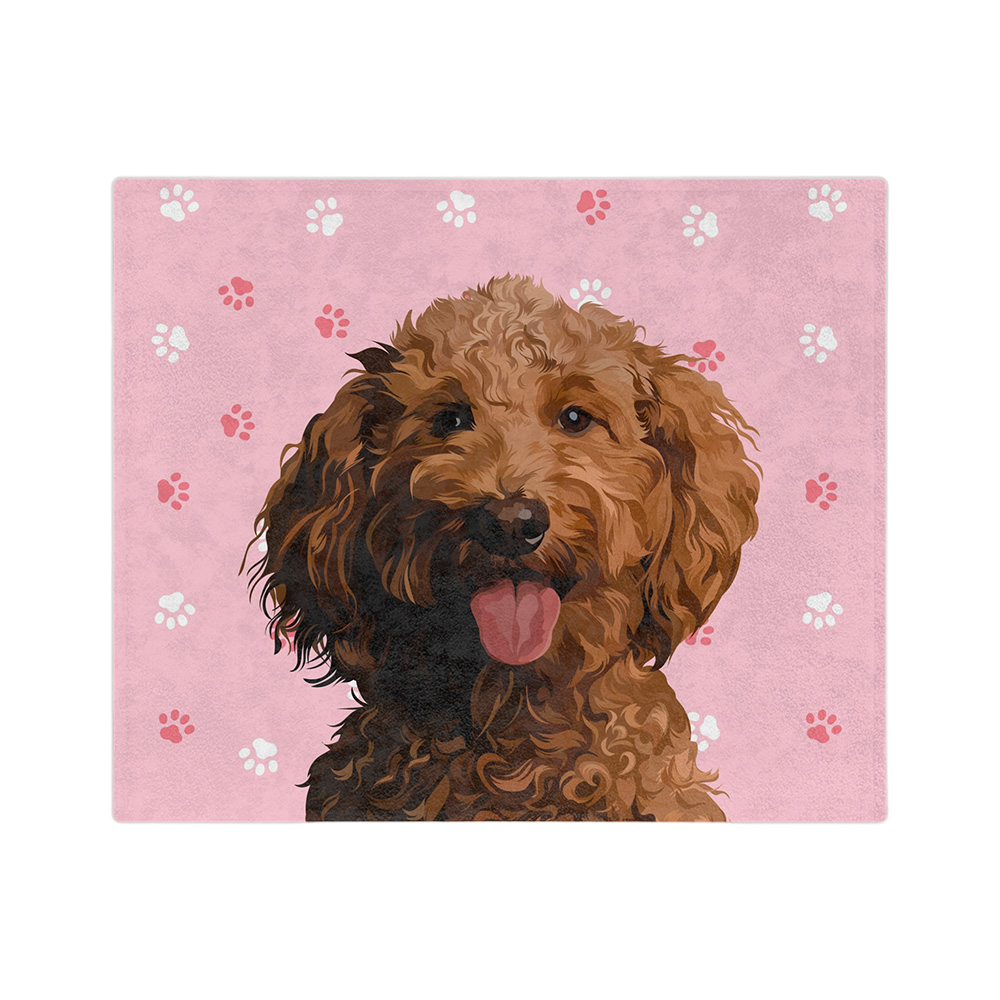 Pink paw print blanket featuring a centered, smiling dog illustration.