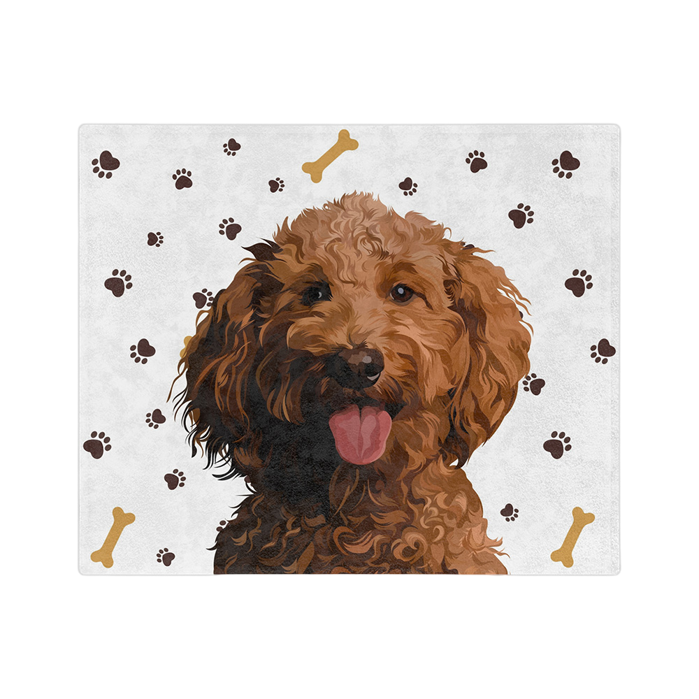 White paw print blanket with a centered, smiling dog illustration.