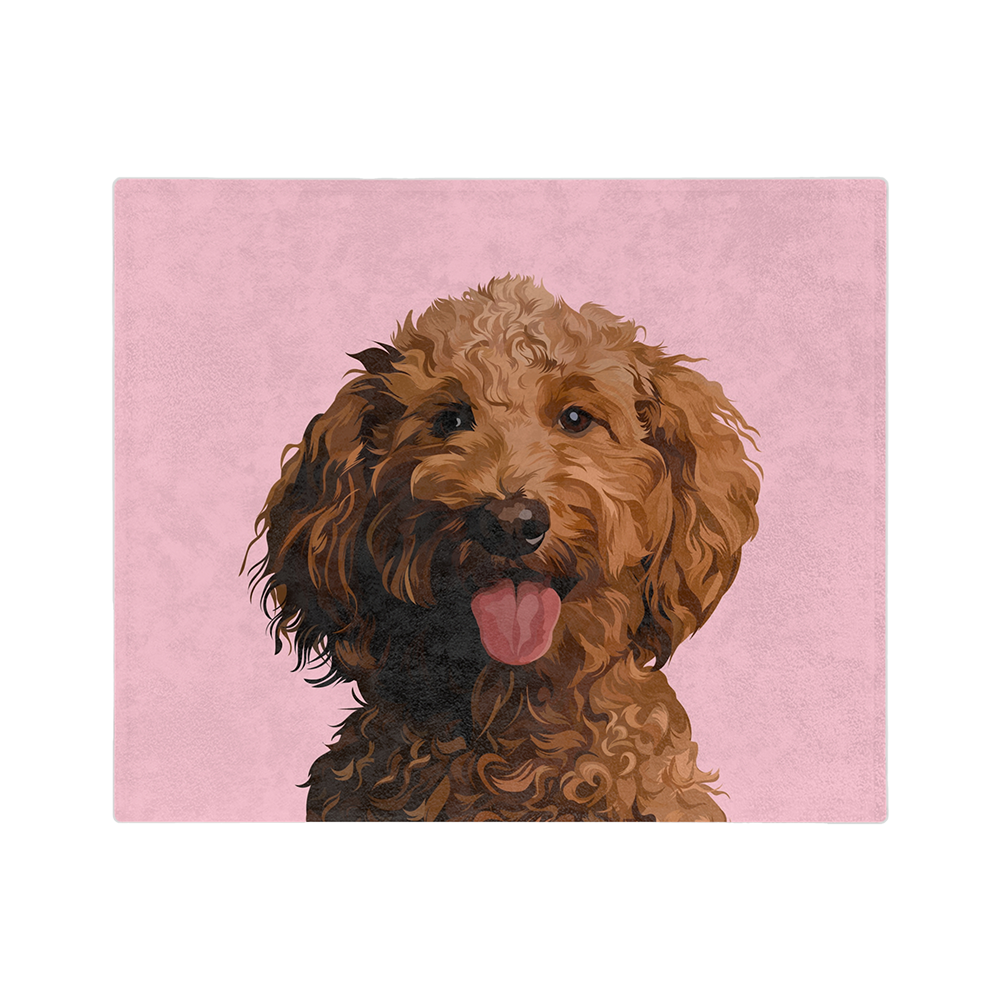 Pink blanket featuring a centered, smiling dog illustration.