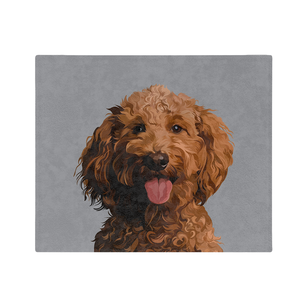 Gray blanket featuring a centered, smiling dog illustration.