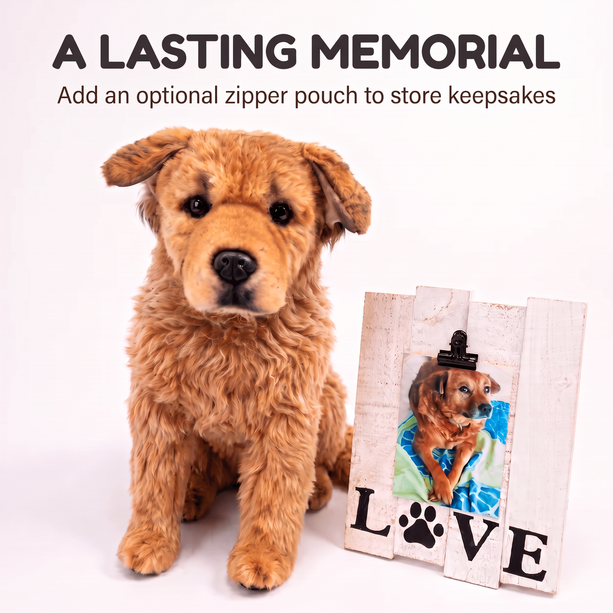 A brown curly-haired plush puppy toy sits beside a white wooden photo frame with a clip, showing a small dog photo inside, on a white background with the text 'A LASTING MEMORIAL Add an optional zipper pouch to store keepsakes'.