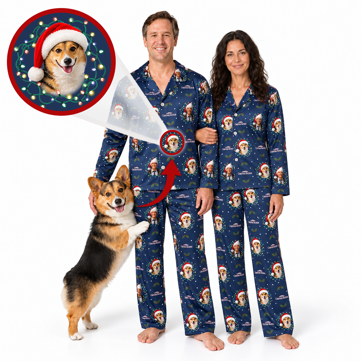A man and a woman wearing matching navy blue pajamas with a festive Christmas dog print, standing barefoot on a white background. A corgi is pictured beside them, and a circular inset shows a close-up of the printed design on the pajama sleeve.