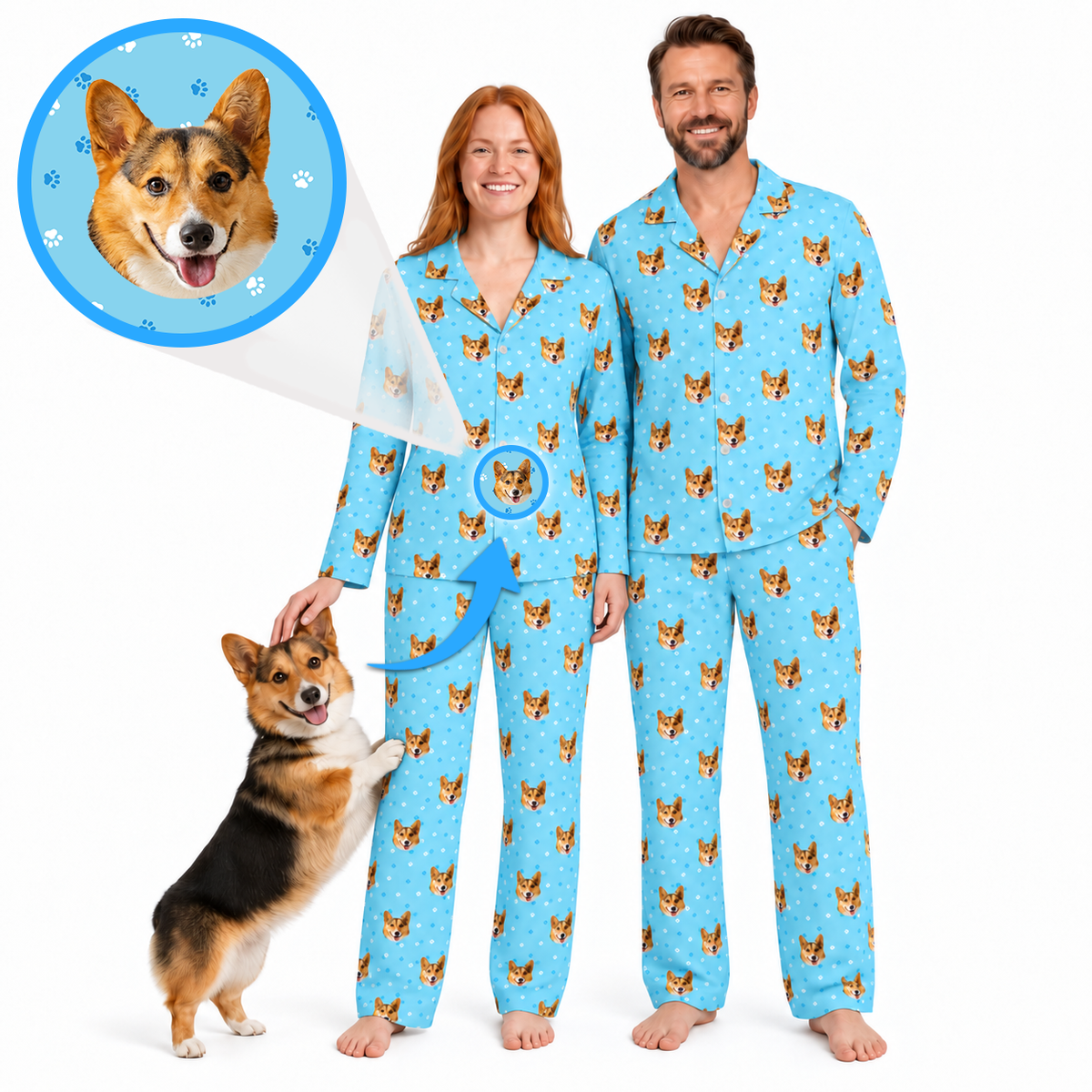 A man and a woman wearing matching light blue pajamas with a repeating dog print, standing barefoot on a white background. A corgi dog is in front of them, and a circular inset shows a dog face with paw-print dots on a blue background.