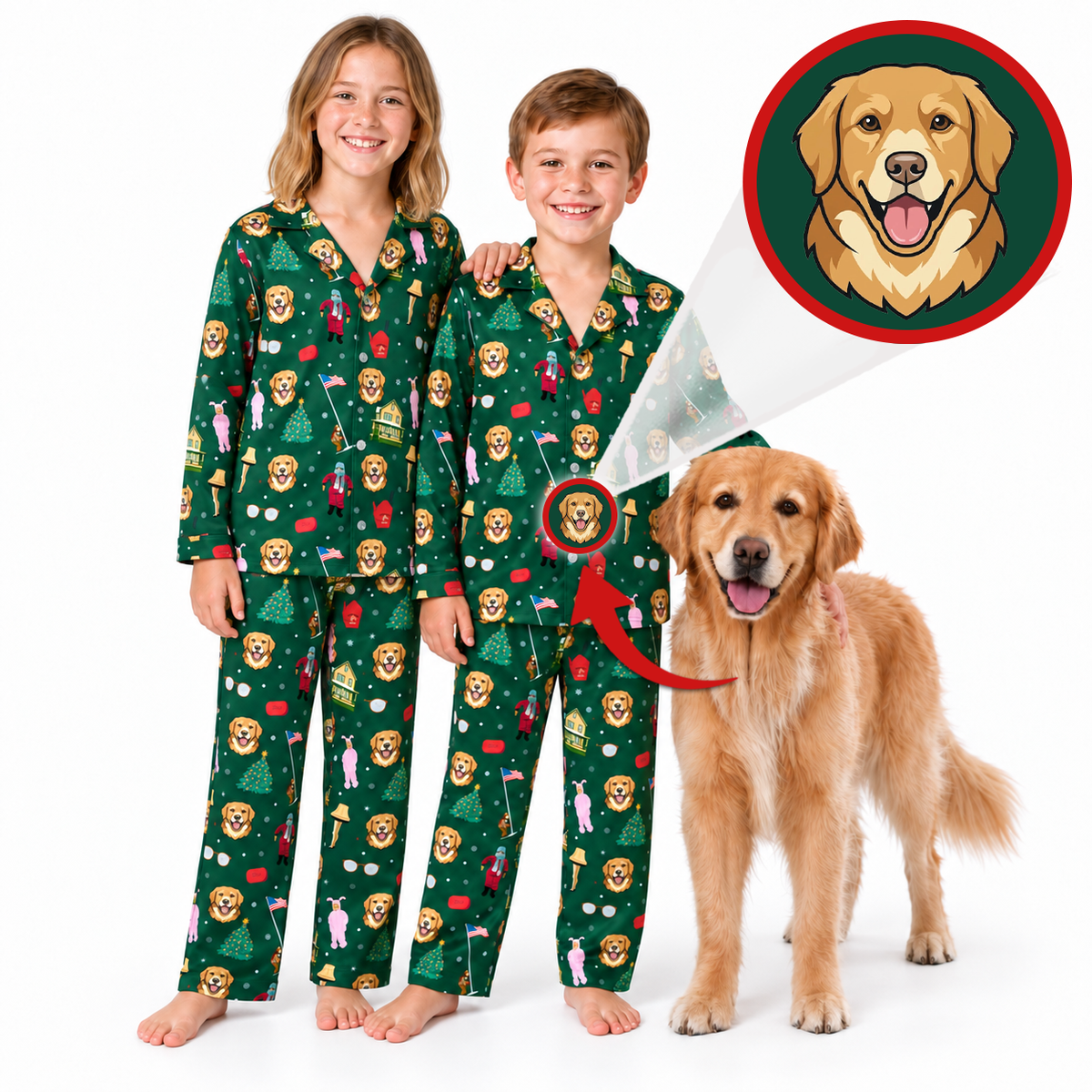 Two children wearing matching green Christmas-themed pajamas with dog prints, standing next to a golden retriever dog on a white background. A circular inset shows a golden retriever face, with arrows pointing to the dog print on the pajamas.