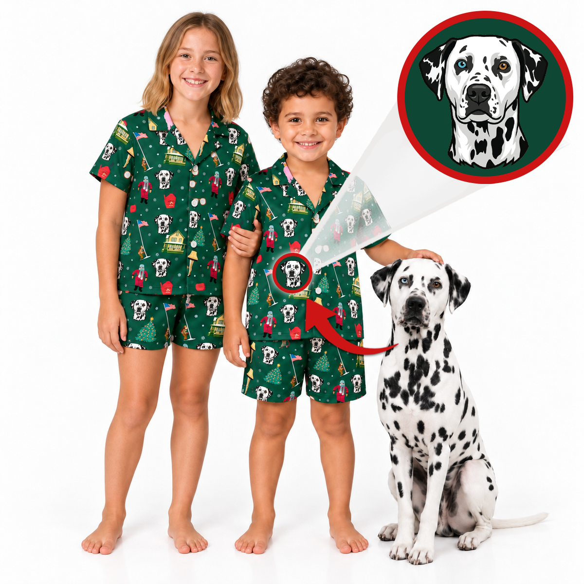 Two children wearing matching green Dalmatian-themed pajamas stand next to a Dalmatian dog on a white background, with a circular inset showing the dog's face and arrows pointing to the printed pattern on the pajamas.