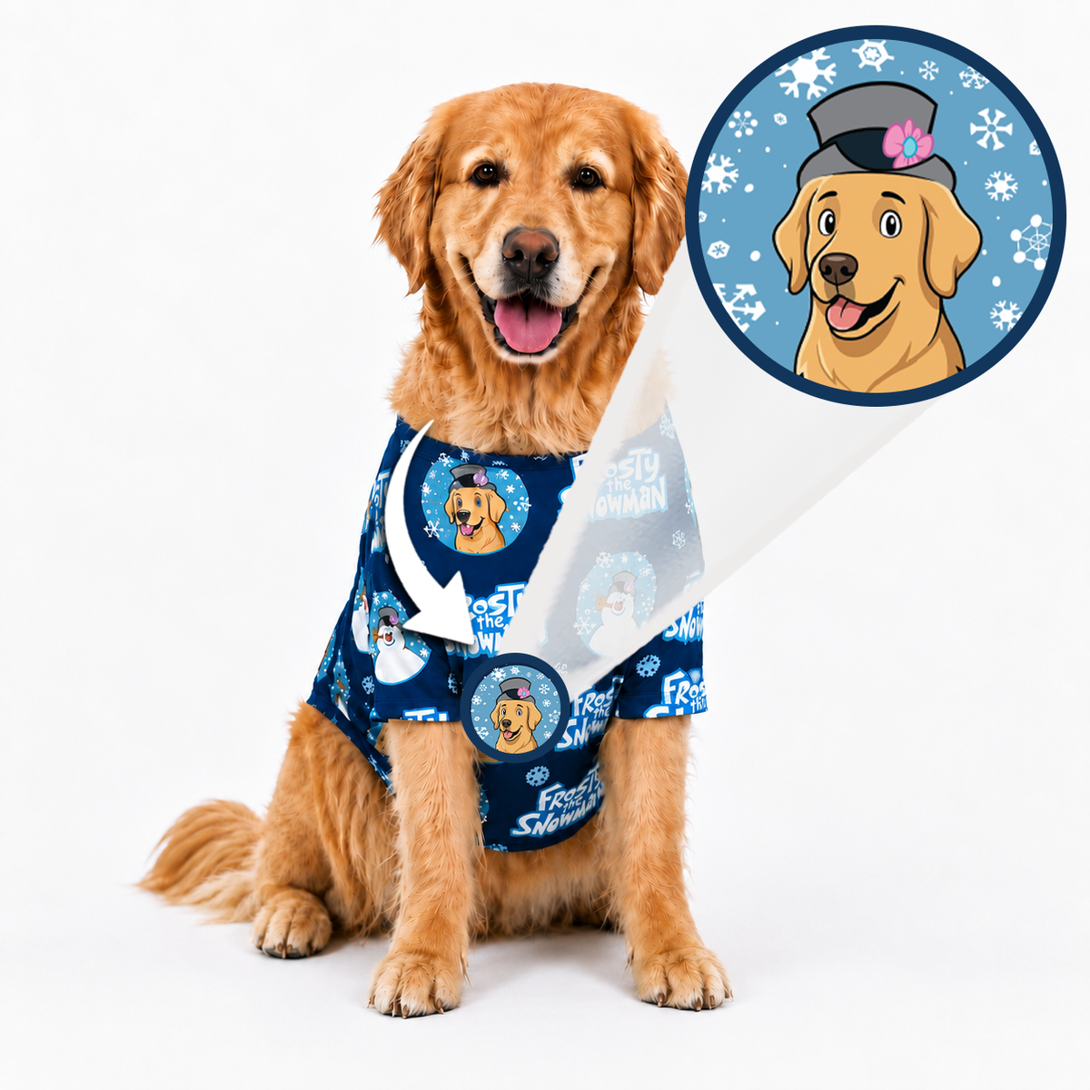 A golden retriever dog wearing a blue short-sleeve printed pet shirt with cartoon graphics, shown on a white studio background. A circular inset at the top right shows a cartoon illustration of the dog wearing the shirt, and a white arrow points from the inset to the actual shirt on the dog.