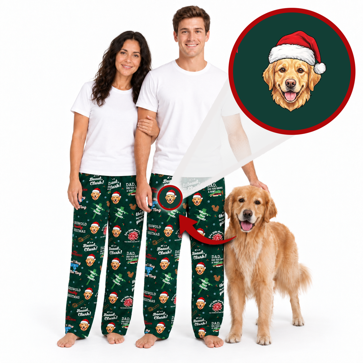 A man and a woman wearing matching white t-shirts and dark green Christmas pajama pants with a cartoon dog print, standing barefoot against a white background next to a golden retriever dog. A circular inset shows a custom dog portrait wearing a Santa hat.
