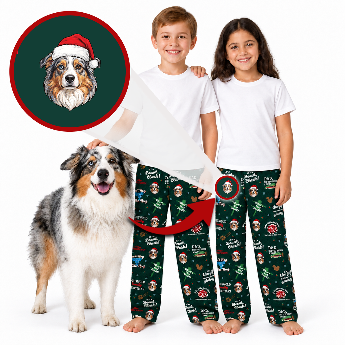Two children and a dog wearing matching Christmas pajamas, with a circular inset showing a dog portrait printed on the pajama leg. The pajama set is dark green with a festive Santa Claus and holiday print.