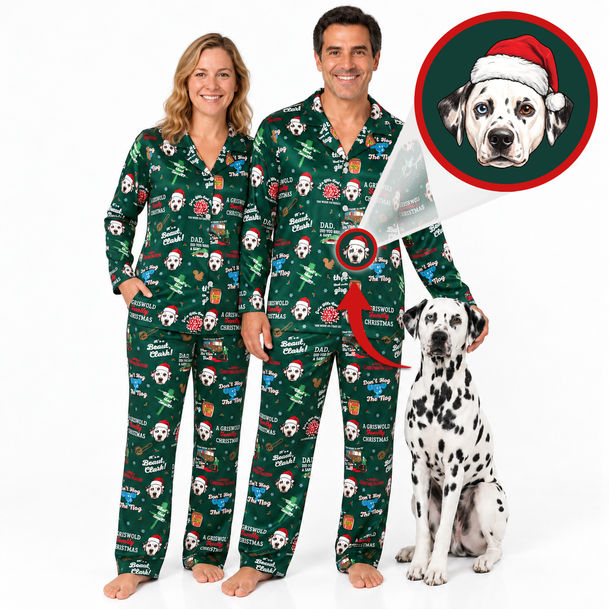 A man and a woman wearing matching green Christmas-themed pajamas with a dog print, standing next to a Dalmatian dog on a white background. A circular inset shows a Dalmatian face wearing a Santa hat, with arrows pointing to the dog print on the pajamas.