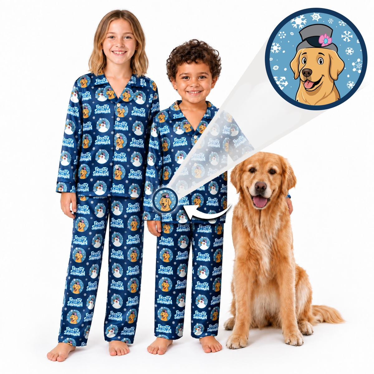 Two children wearing matching blue patterned pajamas stand barefoot on a white background next to a golden retriever dog. A circular inset shows a cartoon golden retriever wearing a hat, with arrows pointing to the child's pajama print and the dog's collar area, suggesting the pajamas are printed or designed for pets.