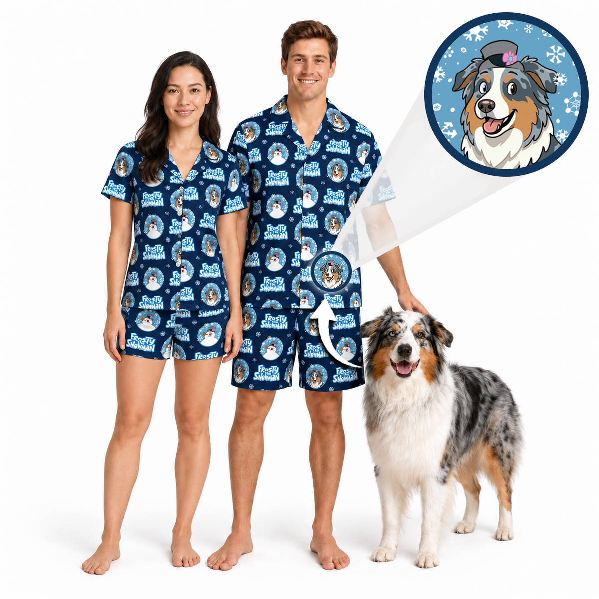 A man and a woman wearing matching navy blue patterned pajamas stand barefoot on a white studio background, with a dog beside them and a circular inset showing a dog illustration wearing a matching hat.