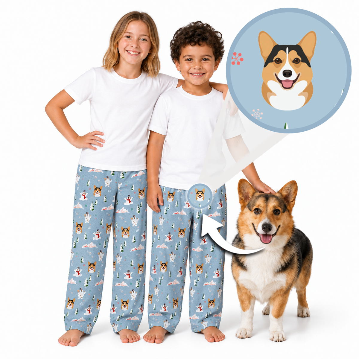 Two children wearing matching blue custom pet-print pajama pants stand beside a smiling corgi. A magnified callout highlights the corgi illustration printed on the pajamas, showing how the pet’s face is transformed into a custom pattern.