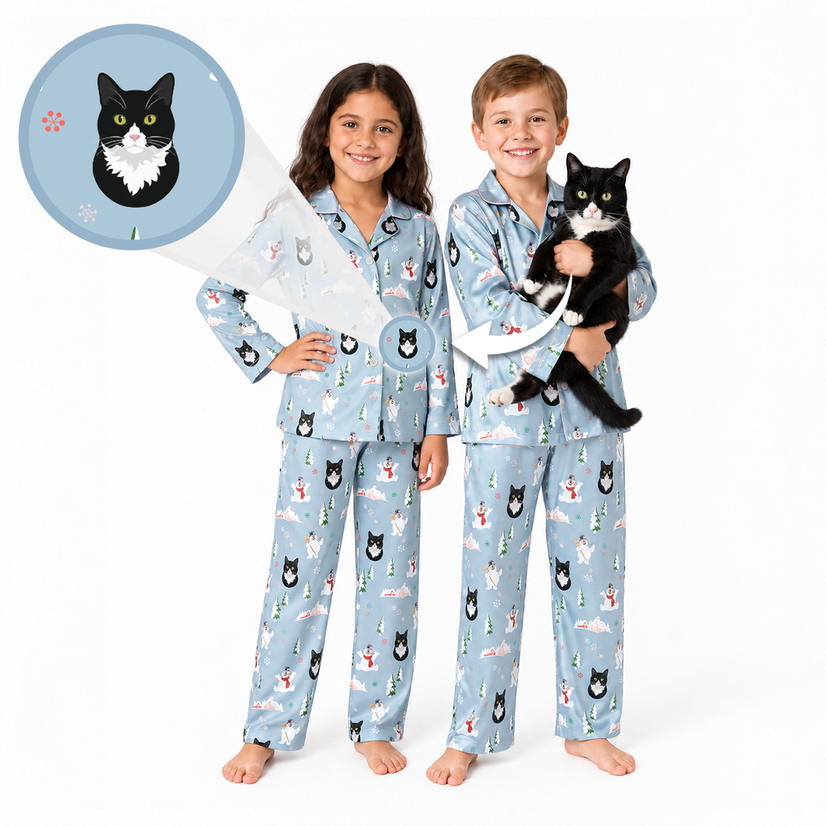 Two children wearing matching light blue pajamas with a black-and-white cat print, standing barefoot on a white studio background. One child holds a black-and-white cat, and a circular inset at the upper left shows a close-up of the cat motif printed on the pajamas.