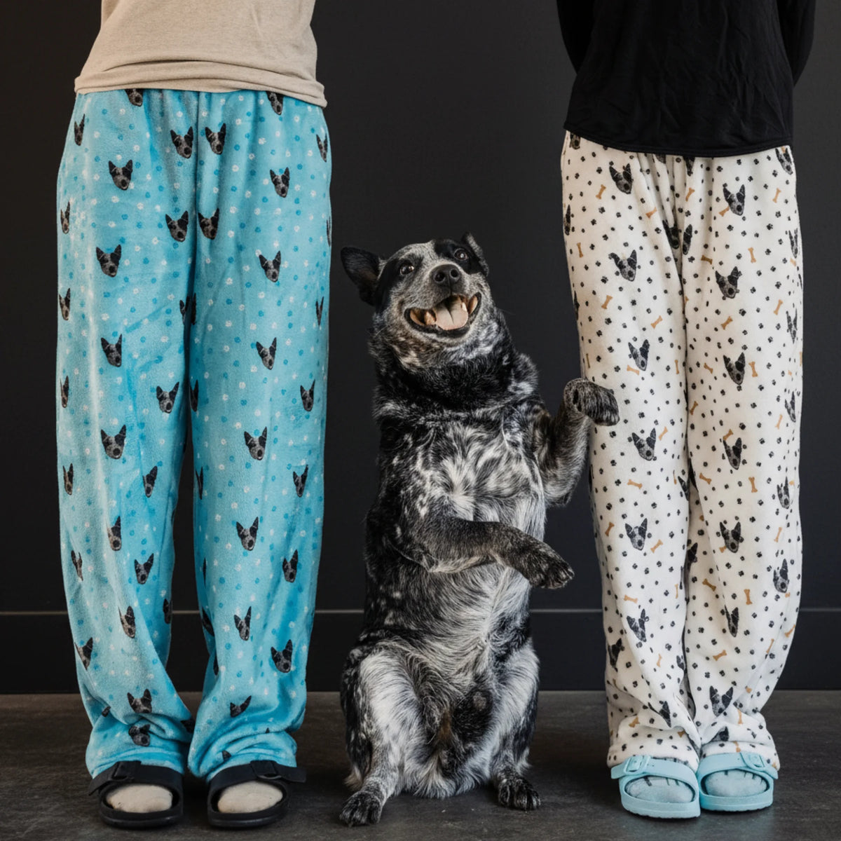 Two people wearing pajama pants with dog patterns, standing next to a dog.