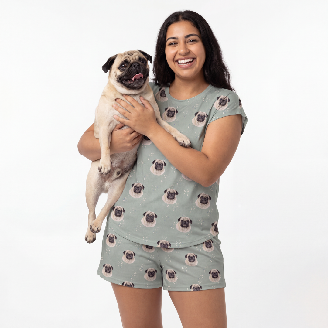 Woman wearing  fitted pajama set with a pug-patterned pajama set holding a pug on a white background