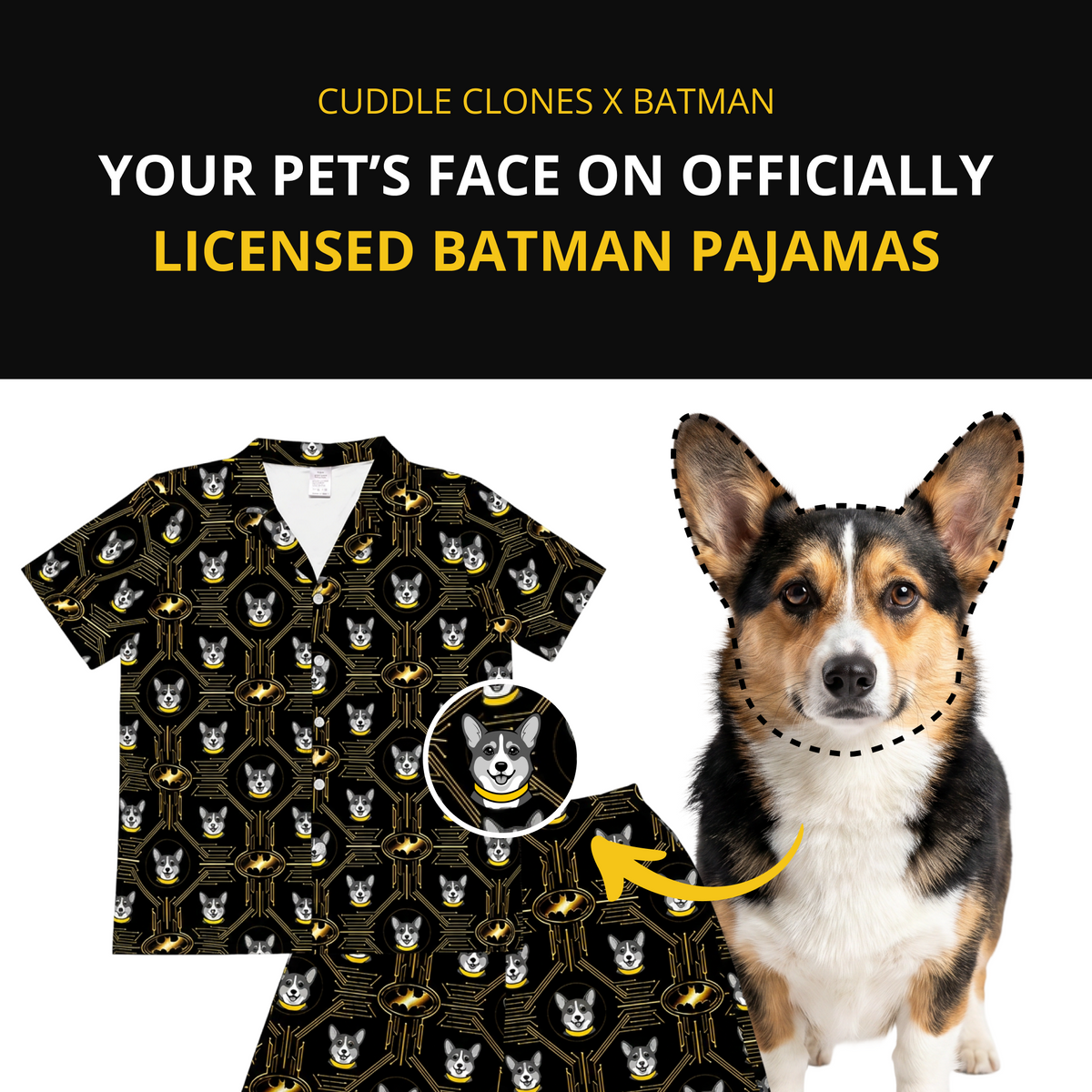 Batman-themed pajama set with a dog's face superimposed on it, featuring text about customizable pet products.