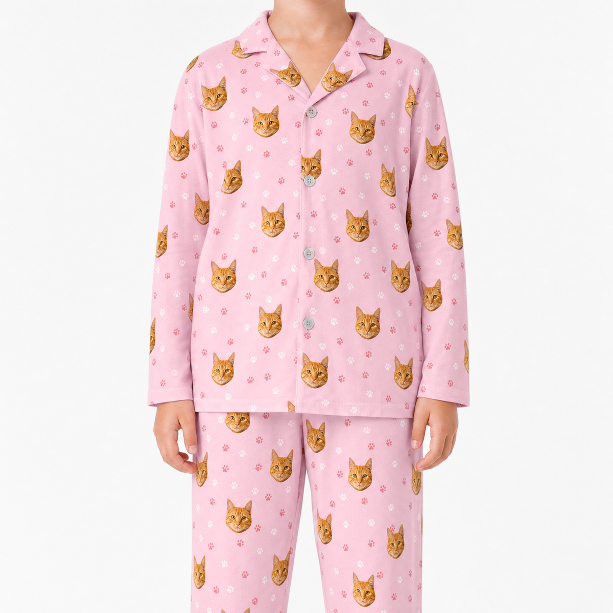 Pink pajama set with cat pattern on a white background