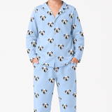 Sky blue pajama set with dalmatian dog pattern on a white background