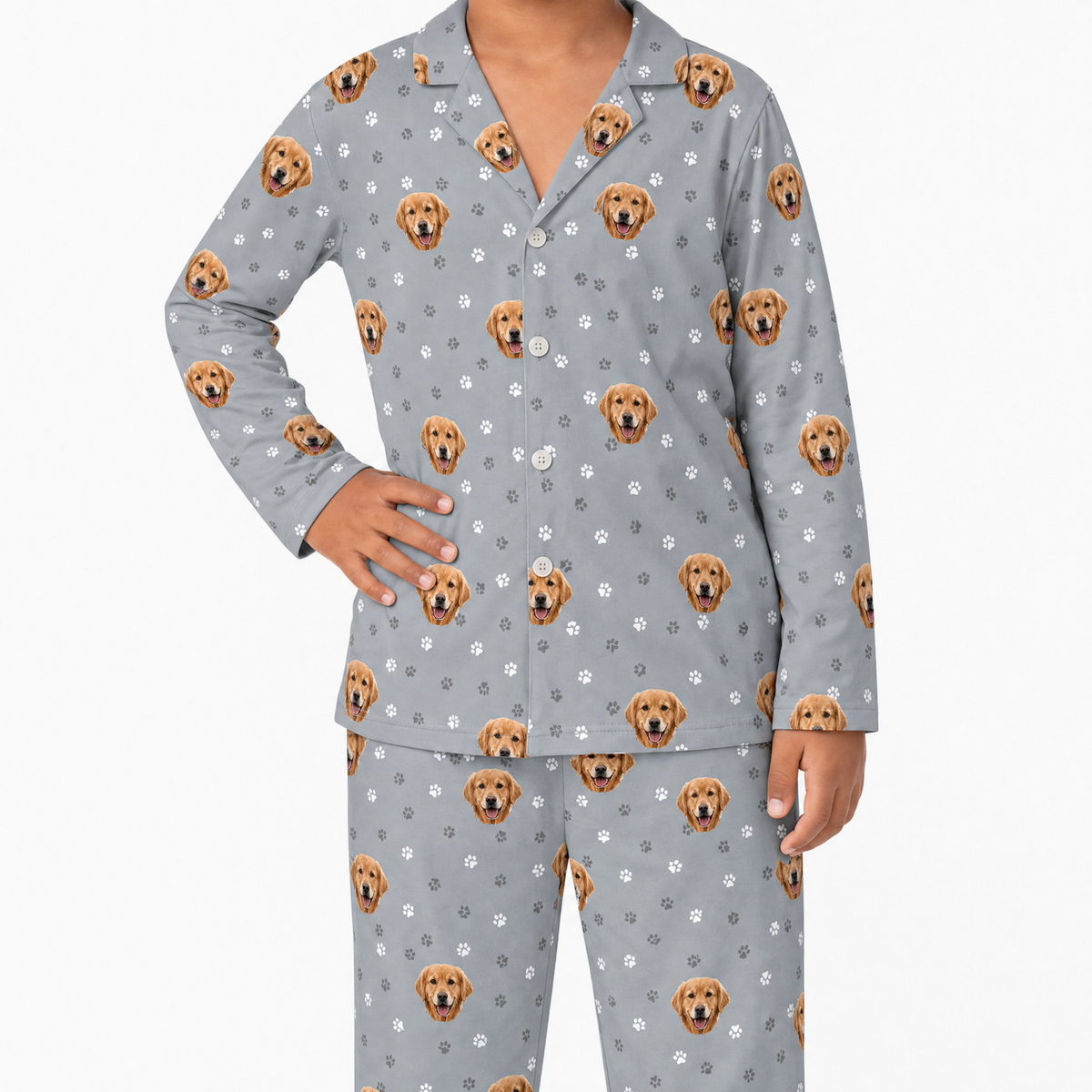 Gray pajama set with dog pattern on a white background