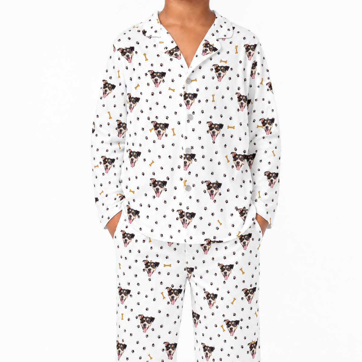 White dog patterned pajama set with dog design on a white background