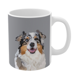 Gray ceramic mug featuring a smiling, multicolored Australian Shepherd [SlateGrayHandIllustration]